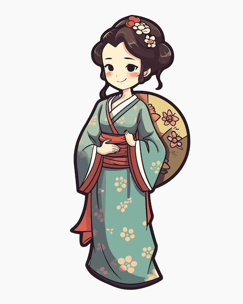 A cartoon of a geisha with a flower on her sleeve