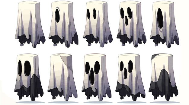 Vector cartoon ghost characters in different poses with tattered sheets