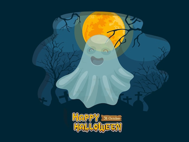 Vector cartoon ghost and full moon night background. concept cartoon halloween day elements. vector clipart illustration for holiday cards and banners