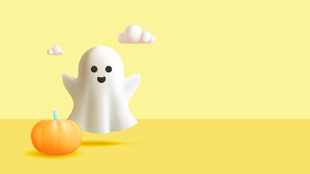 Vector cartoon ghost with pumpkin and clouds on yellow background