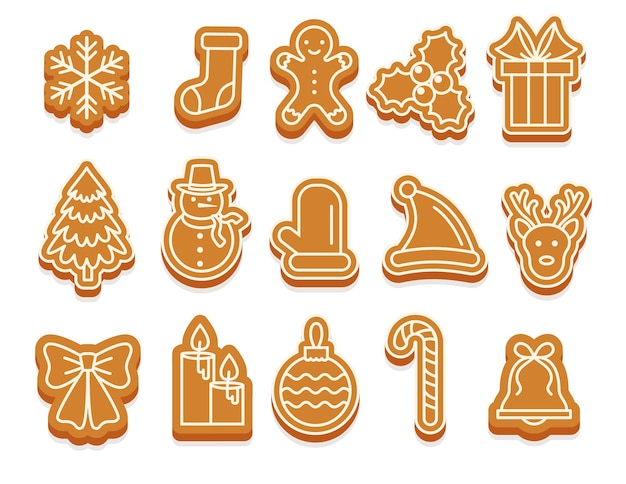 Cartoon gingerbread cookies for celebration design. Christmas vector elements for illustration, cards, banners and holiday backgrounds. Delicious homemade cookies.