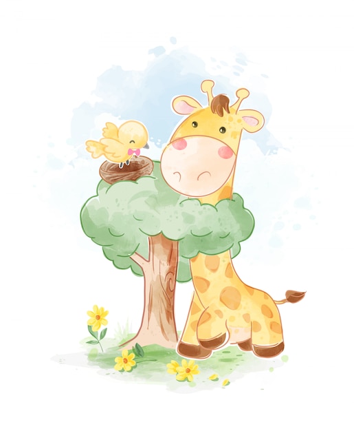 Cartoon Giraffe and Bird Nest Illustration