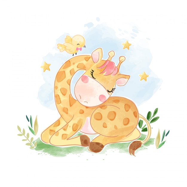 Cartoon Giraffe Sleeping with Yellow Little Bird Illustration