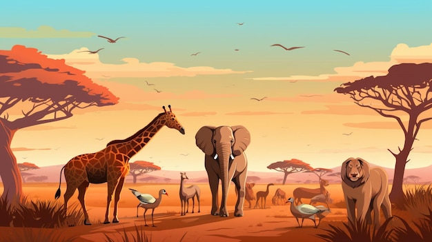 Vector a cartoon of giraffes and giraffes in a desert landscape