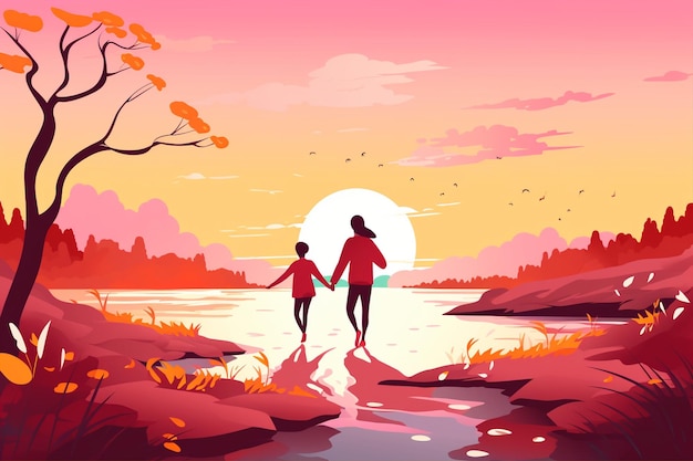 Cartoon Girl and Boy Walking in the Fall