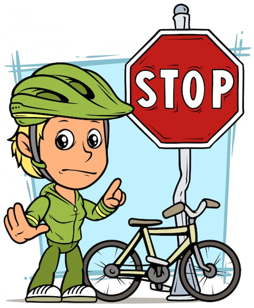 Cartoon girl character with stop traffic sign