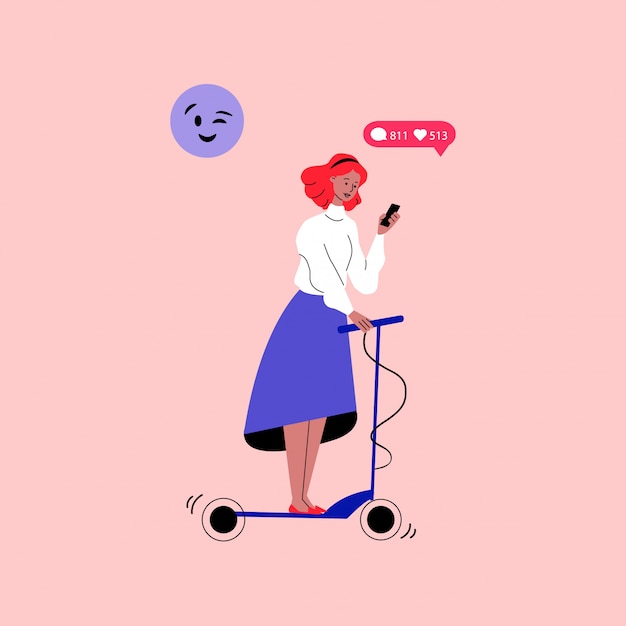 Cartoon girl on electric scooter checking her social media likes and comments