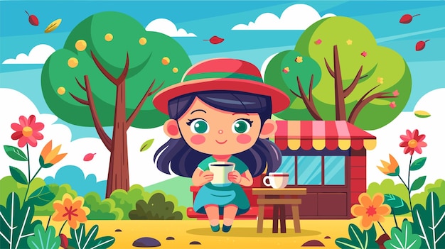 Cartoon girl enjoying coffee near kiosk in vibrant park setting