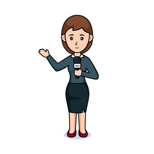 cartoon girl. Friendly beautiful reporter reporting news, holding a mic