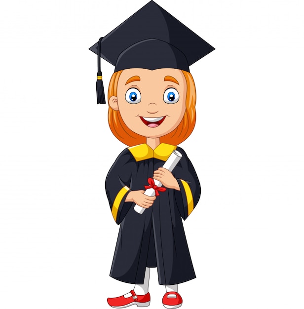 Cartoon girl in graduation costume holding a diploma