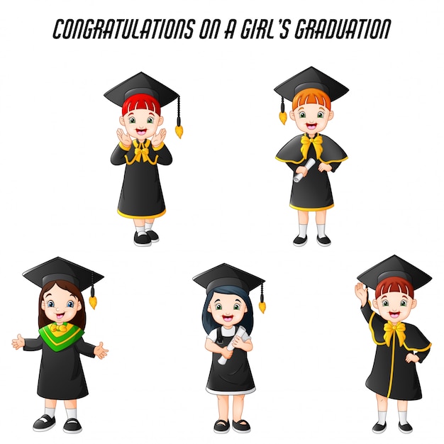 Cartoon girl in Graduation Costumes with different poses set