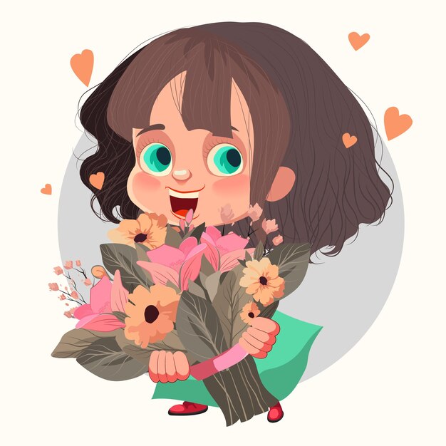 A cartoon of a girl holding a bouquet of flowers.