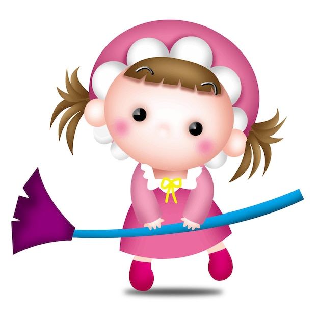 cartoon girl holding a broom character doll sweet model emotion drawing kawaii anime