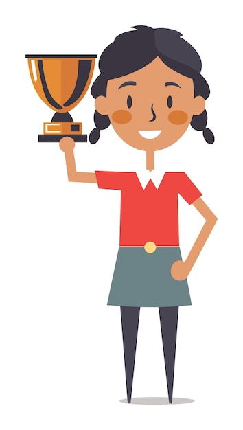 Cartoon girl holding trophy pride happy young female winner Success achievement concept vector