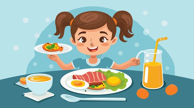 Vector a cartoon girl is eating a meal with a glass of orange juice