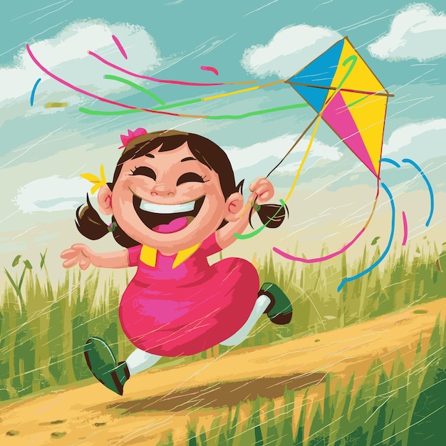 Vector a cartoon of a girl running with a kite in the air