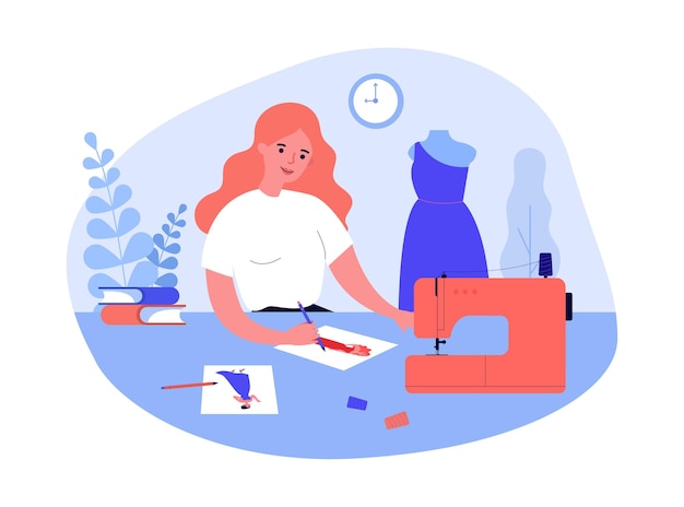 Cartoon girl sewing clothes flat vector illustration. Woman drawing sketches of future model of dress, sitting at table with sewing machine. Sewing, fashion, clothing, creativity, designer concept