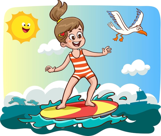 A cartoon of a girl on a surfboard with a seagull flying over her head.