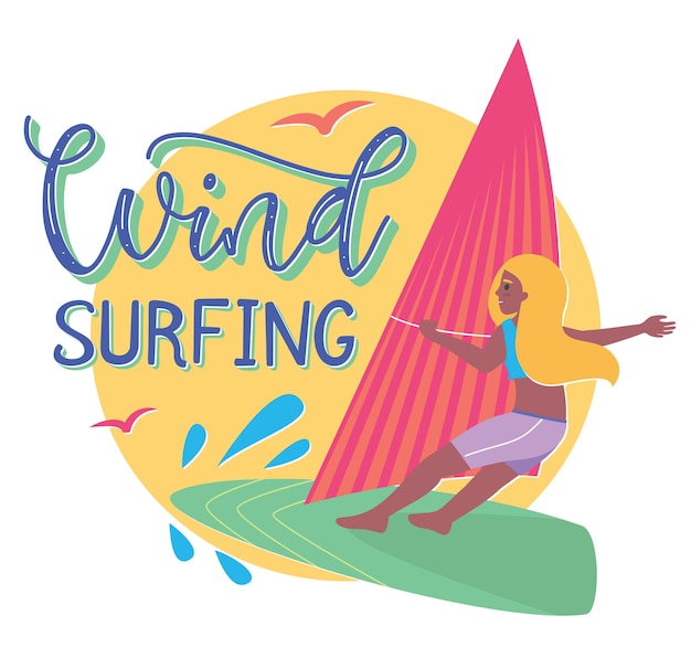 Cartoon girl on windsurfing board vector Illustration in flat style