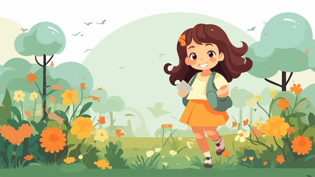 Vector a cartoon girl with a backpack and a backpack is walking in a park