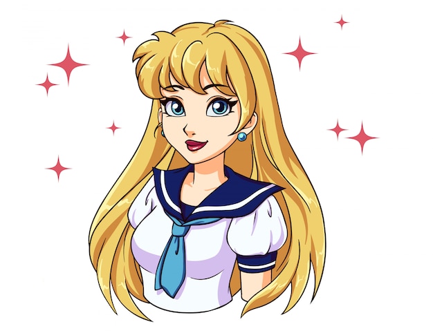 Cartoon girl with blonde hair in japanese school uniform. Hand drawn illustration.