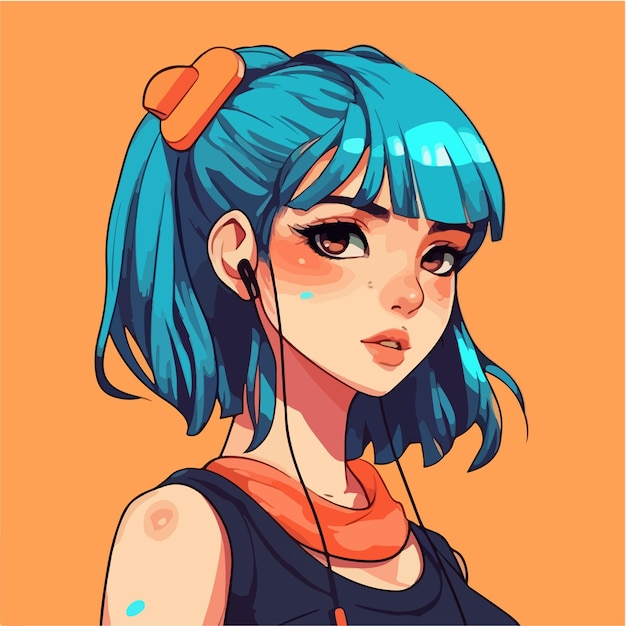 A cartoon of a girl with blue hair and a black tank top.