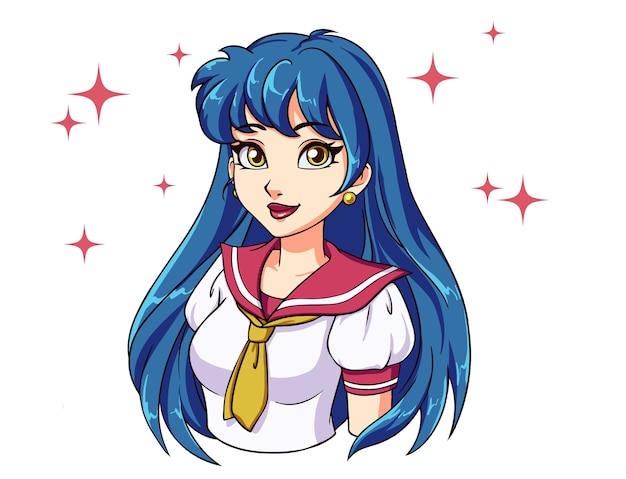 Cartoon girl with blue hair in japanese school uniform.