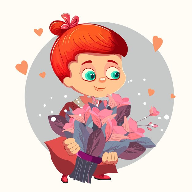 A cartoon girl with a bouquet of flowers