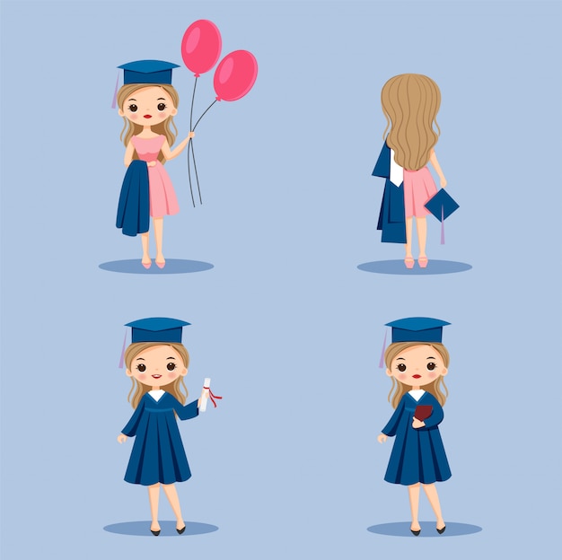 Vector cartoon girl with cute graduation dresses set