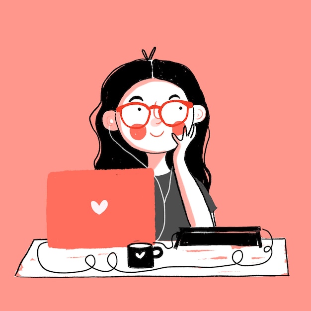 Vector a cartoon of a girl with glasses and a red laptop.