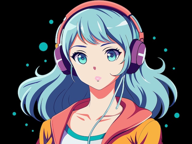 a cartoon girl with headphones on and a black background with a black background