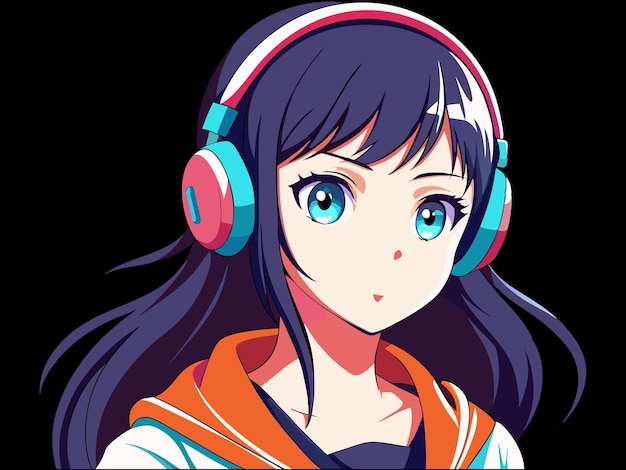 a cartoon of a girl with headphones on and a black background