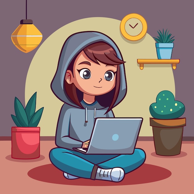 Vector a cartoon of a girl with a laptop on the floor and a potted plant in the background