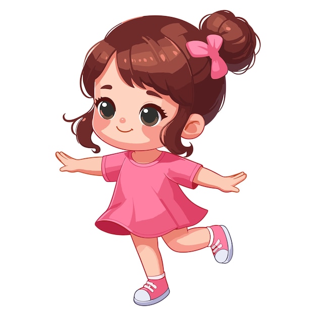 Vector a cartoon girl with a pink dress and a pink bow in her hair