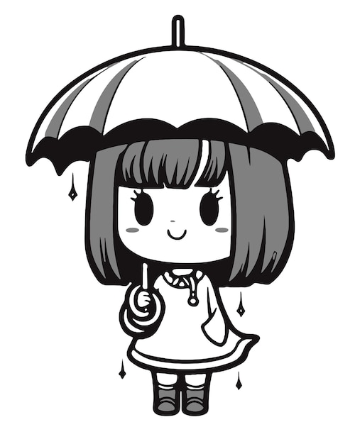 A cartoon girl with an umbrella in the rain.