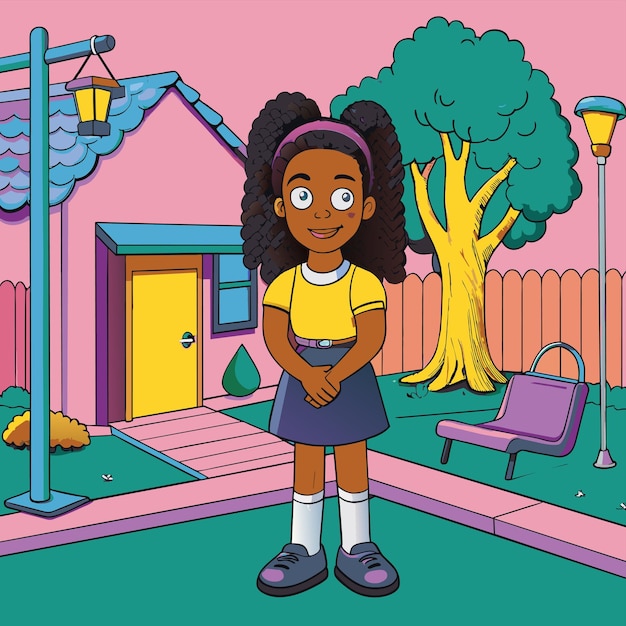 Vector a cartoon of a girl with a yellow shirt that says  she is standing in front of a house