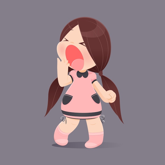 Cartoon Girl Yawning Against Gray Background.