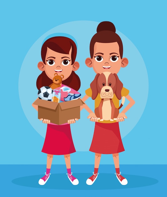 cartoon girls with cute dog and box with donation stuffs over blue