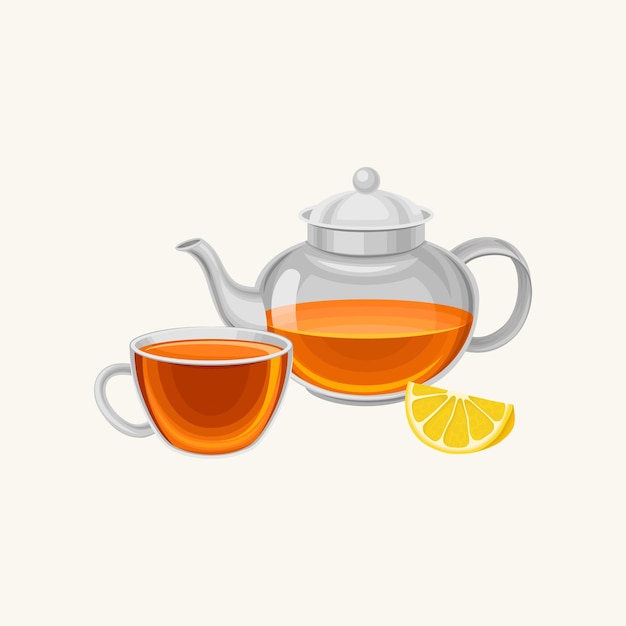 Cartoon glass teapot and cup with fresh brewed tea slice of sweet lemon Breakfast concept Flat vector design for promotional poster or banner