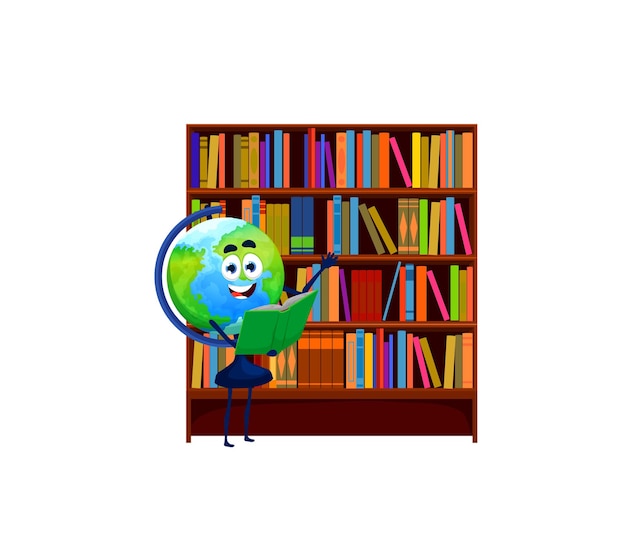 Cartoon globe funny character with book in library