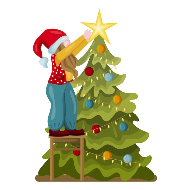 A cartoon gnome in a bright colorful costume decorates the Christmas tree