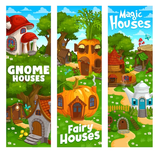 Cartoon gnome and elf houses or dwellings banners