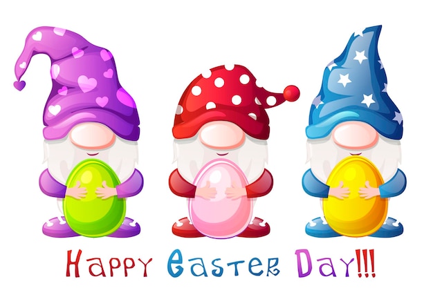 Vector cartoon gnomes with colored eggs for easter