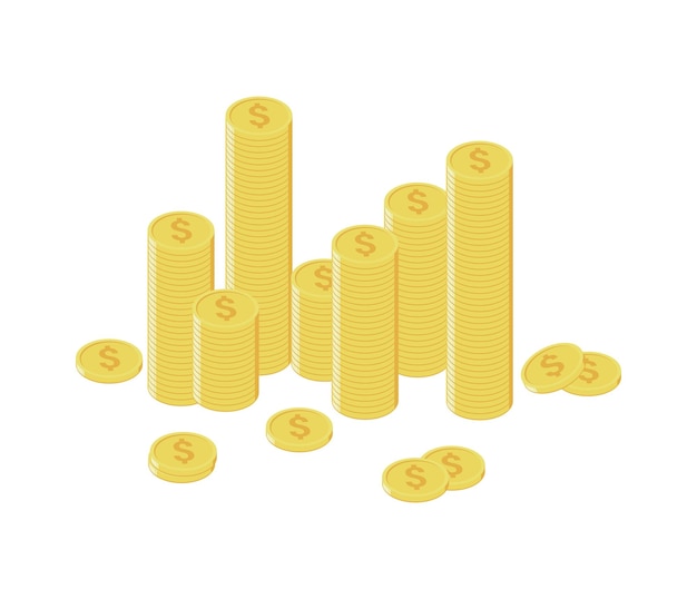 Cartoon golden coins stacks lots money finance business profits and wealth gold coin pile vector illustration