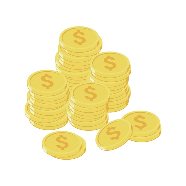 Cartoon golden coins stacks lots money finance business profits and wealth gold coin pile vector illustration