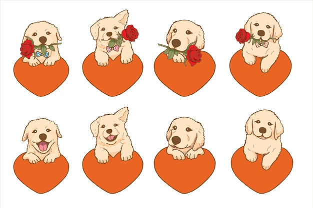 Cartoon golden retriever dog holding red rose flower with heart Lovely dog in love on valentines day