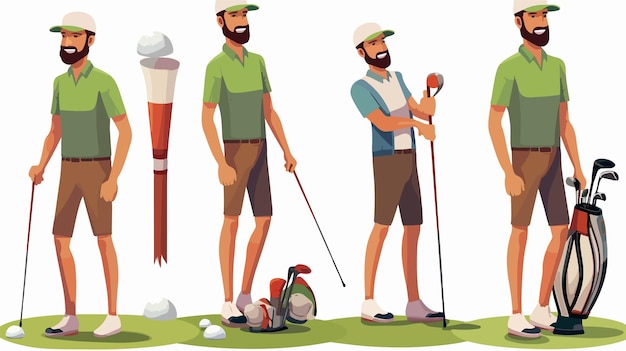 Vector cartoon golf player in stylish sportswear enjoying game on course