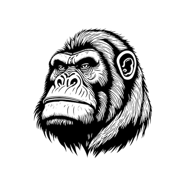 cartoon gorilla head in style of linocut engraving woodcut black and white white background