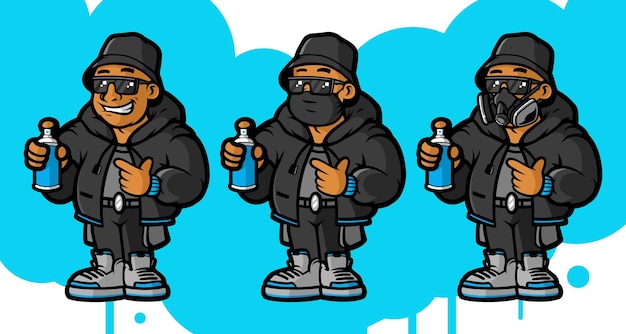 Cartoon Graffiti Artist in trendy clothes holding spray, three alternative expressions