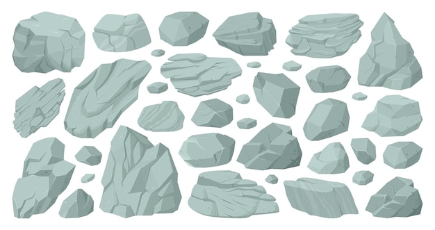 Cartoon granite rocks and grey pebbles boulder rocky stones flat vector illustration